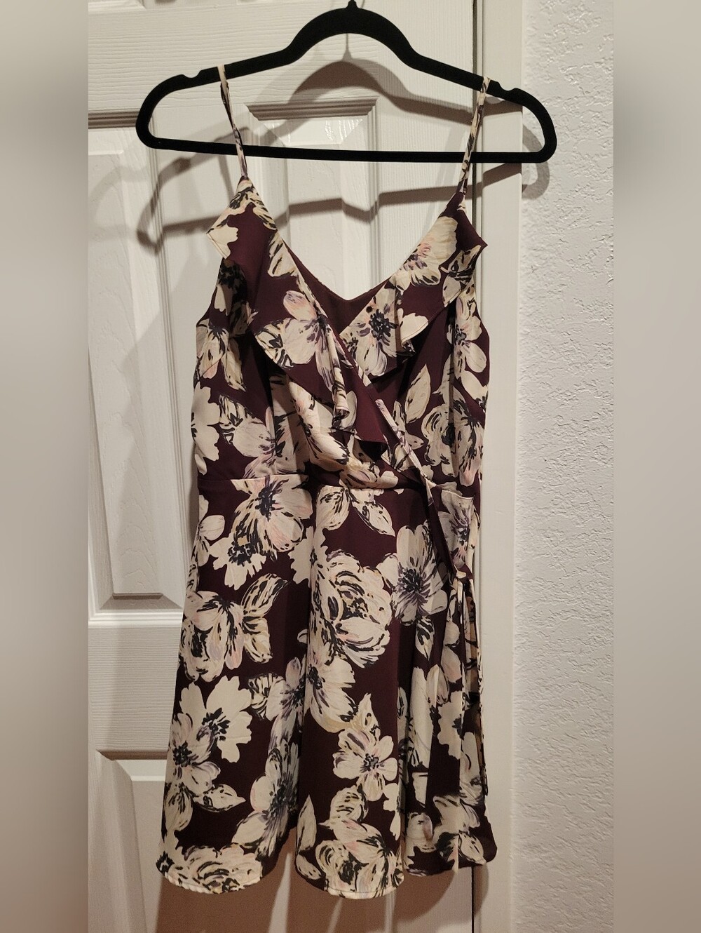 Colective Concept Floral Ruffle Slip Dress in Deep Plum and Cream